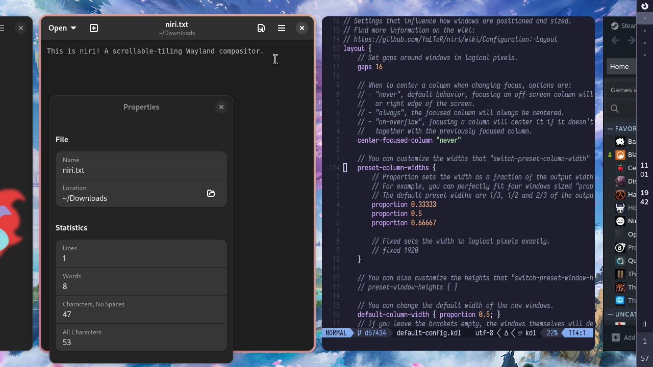 A few windows side-by-side in niri, including a floating dialog and a Steam.