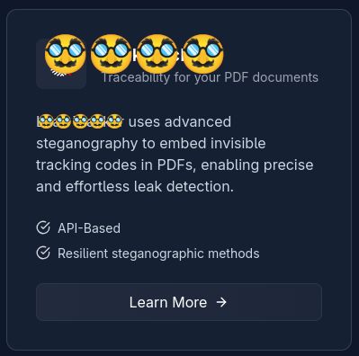 Snippet from a company website that advertises its product for tracking PDF documents. The descriptions reads: "[product] uses advanced steganography to embed invisible tracking codes in PDFs, enabling precise and effortless leak detection."