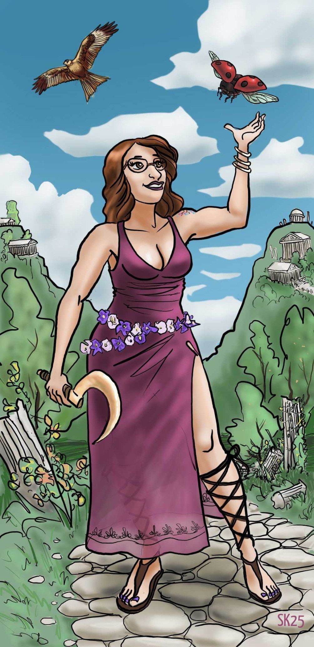Cartoon drawing of me standing amongst overgrown marble pillars, Greek temples on the hills behind me. I'm wearing a slightly translucent purple halter-neck dress with a high slit at the thigh, low neckline, and floral pattern at the hem, and high-laced Greek sandals. I have bangles around my left wrist and a bronze sickle in my right hand, held loosely at my side. Around my waist is a garland of the cream and violet flowers of potato and nightshade. The sky above me is blue with clouds, where a kite wheels overhead. I am reaching up with my left hand towards an outsized ladybird beetle fluttering above me, a calm smile on my face. You can just about make out the cherry blossom tattoo on my left shoulder.