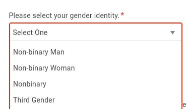 screenshot of a dropdown

title: please select your gender identity

visible options:
- non-binary man
- non-binary woman
- nonbinary
- third gender