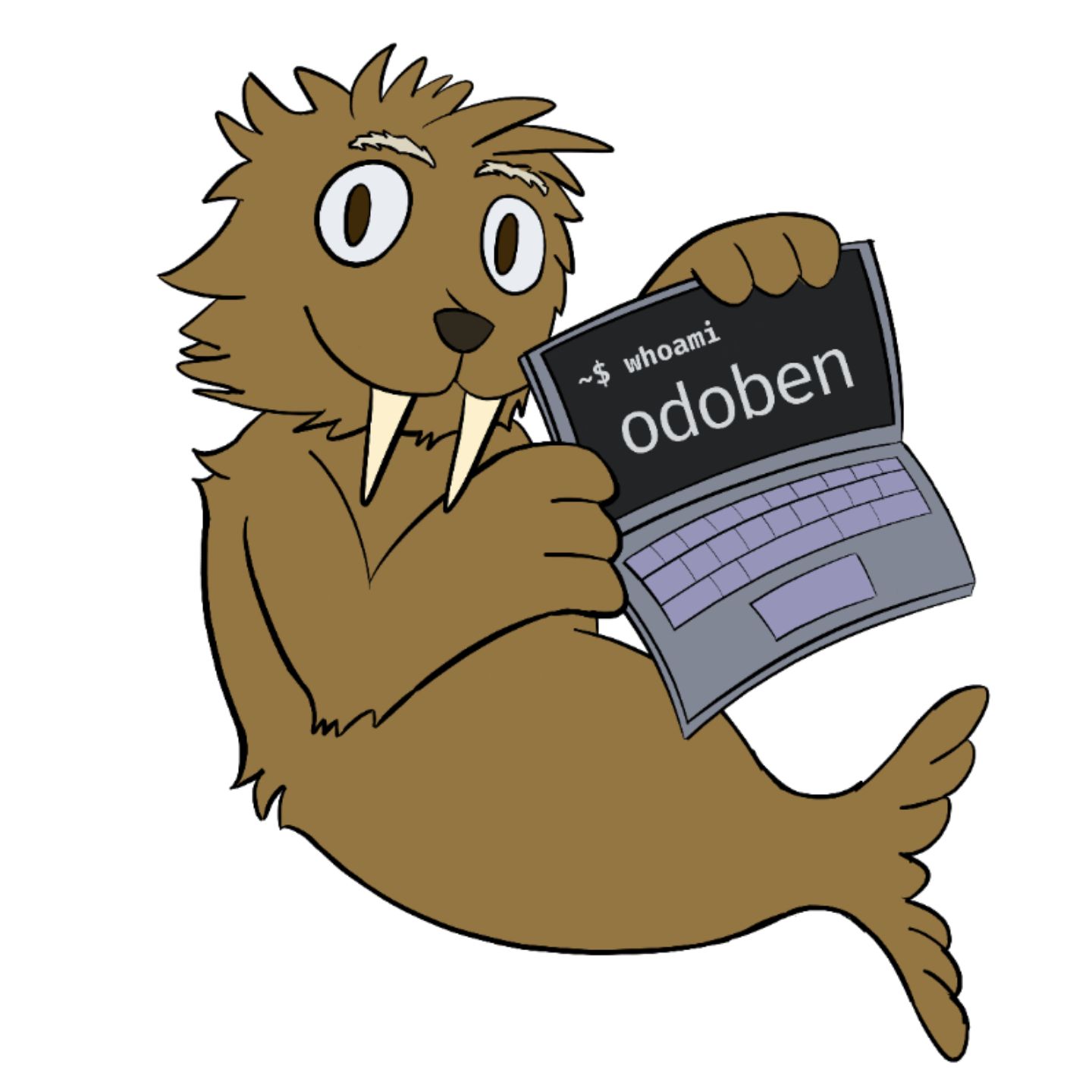 A drawing of a cartoony walrus holding up a laptop on which the "whoami" command was run with the output "odoben."