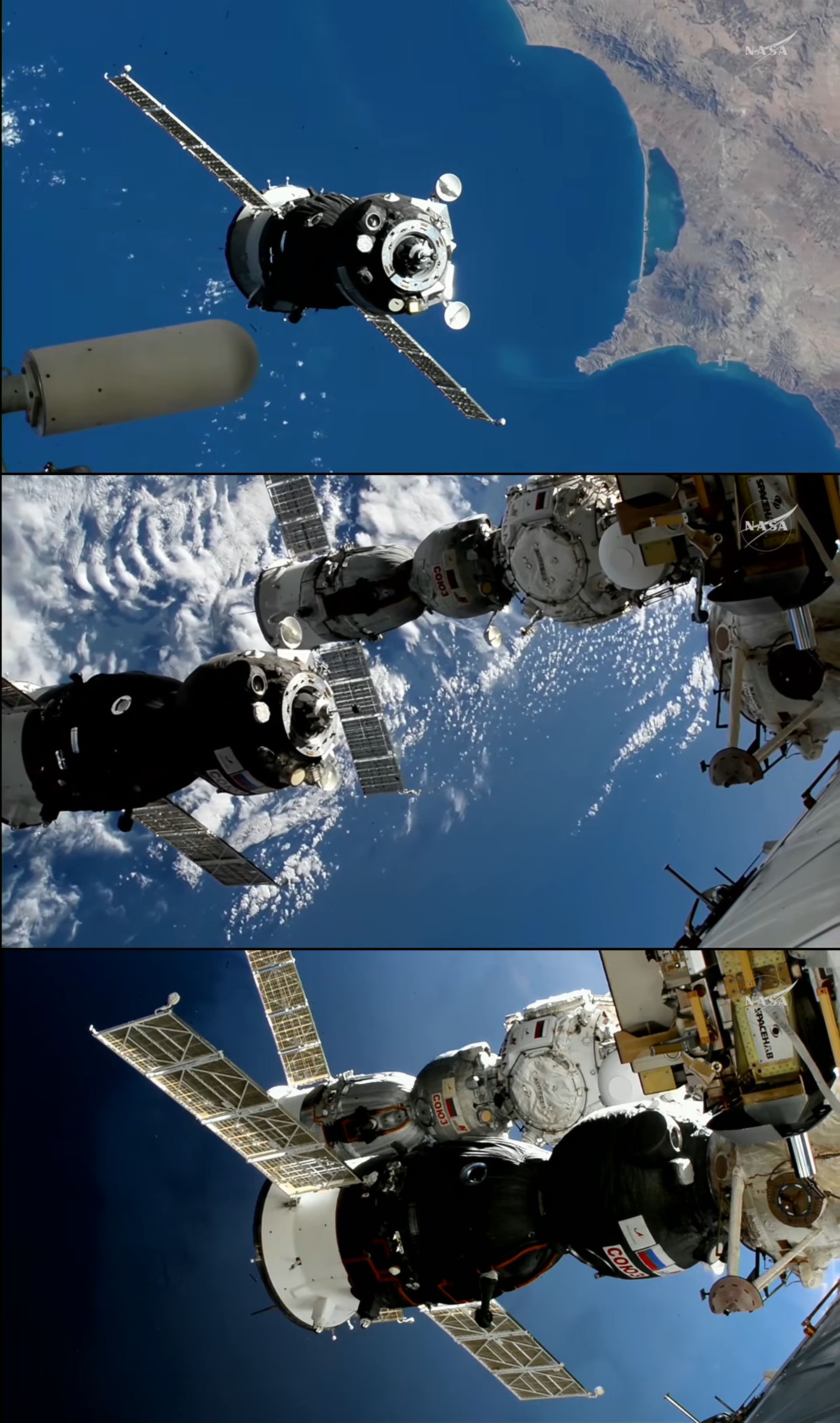 3 images of the Soyuz MS-28 spacecraft approaching and docking with the ISS.
Images are screenshots from the ongoing webcast.