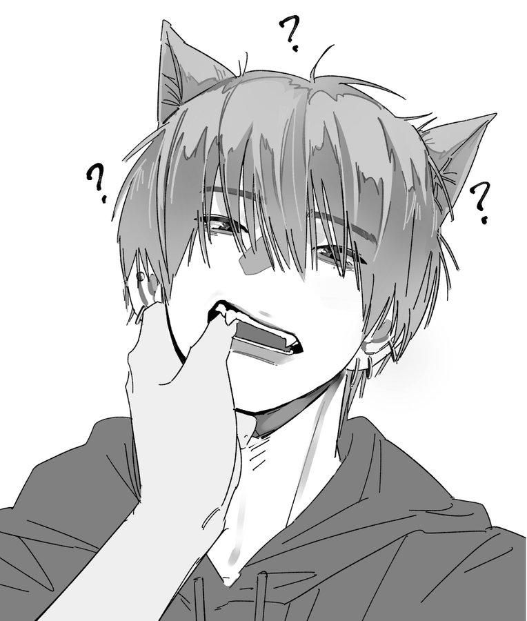 art of a person sticking their thumb in the mouth of a confused catboy
