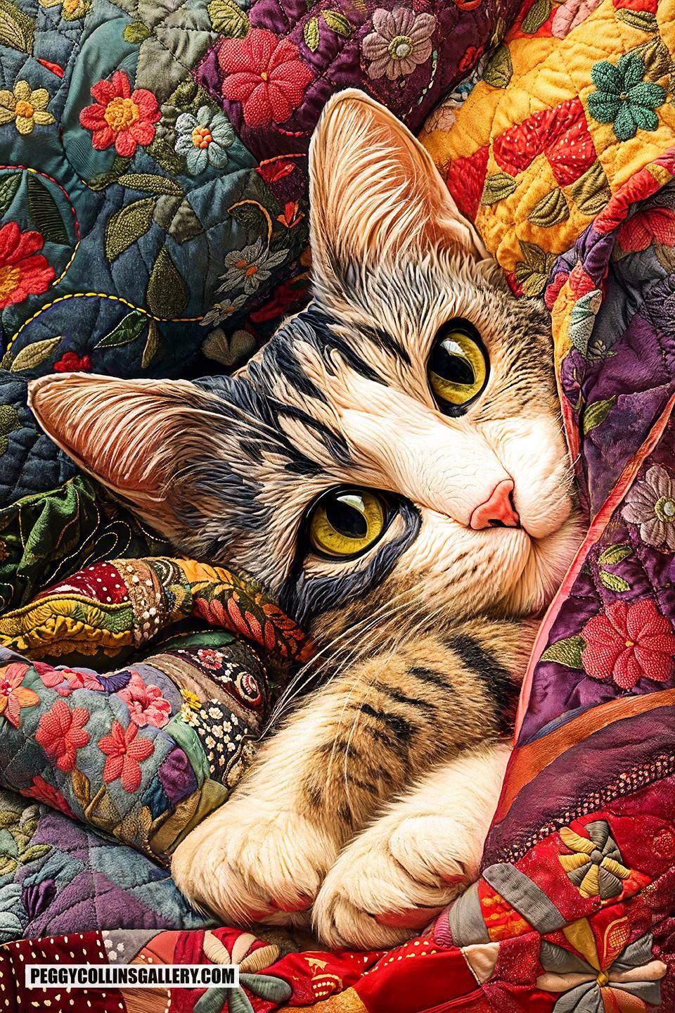 Colorful artwork of a tabby cat in a patchwork quilt, by artist Peggy Collins.
