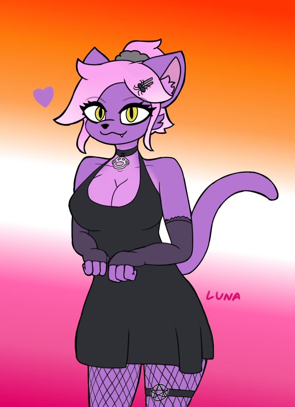 purple furry catgirl with lesbian flag background