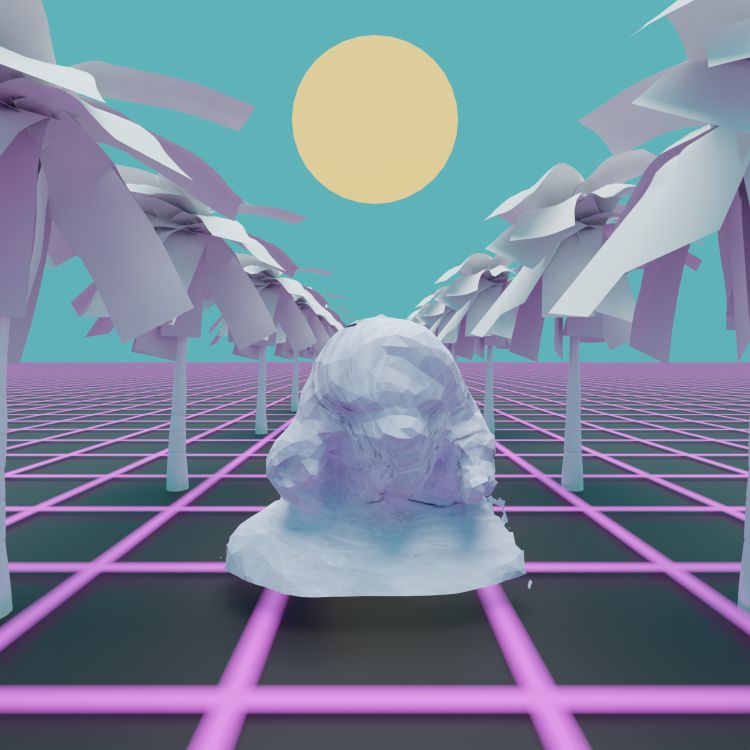 a low-poly marble bust of ava's head in the middle of two parallel rows of white palm trees. the ground is black, with a glowing light purple grid overlayed on top. the sky is light blue, with a yellow sun centered high in the sky.