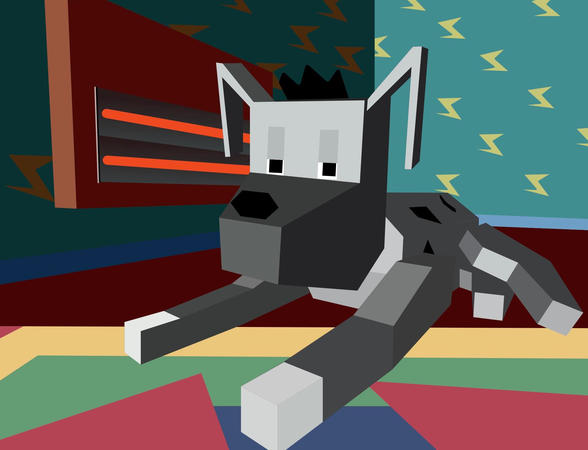 Vector drawing of a still from the seminal Dire Straits video to "Money for Nothing", 1985. A very low-poly, but cute 3D rendered dog is lying ontop of a multi-colored rug in the corner of a room. Behind it a radiator on the wall with a teal wallpaper with yellow, sharp S shapes.
