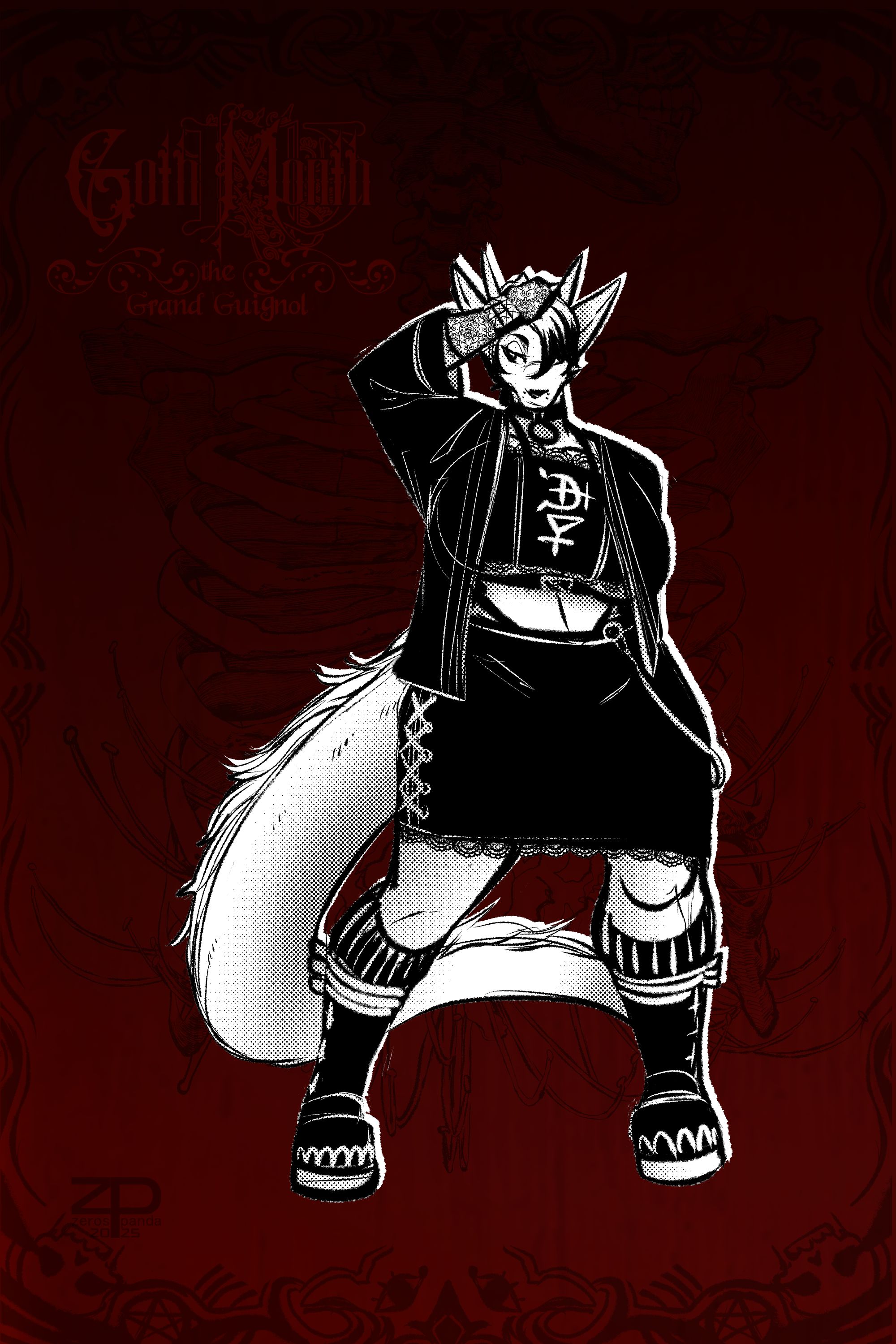 foxdragon kira Goth Month Edition from zerospanda@bsky. she's a tall foxdragon anthro with a long tail and huge tits drawn in an edgy black and white style, she's wearing a midriff top with gothic symbols on it, an open jacket thing, a lace-up skirt, lacy stockings and arm thingies, and ankle-high-ish platform boots. she's in a cool pose