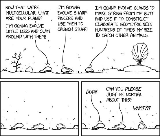 4 panel comic.

1. (double wide) Underwater scene with a couple of plant like things and some small blobs speaking to each other.
Blob 1: Now that we're multicellular, what are your plans? I'm gonna evolve little legs and swim around with them!
Blob 2: I'm gonna evolve sharp pincers and use them crunch stuff!
Blob 3: I'm gonna evolve glands to make string from my butt and use it to construct elaborate geometric nets hundreds of times my size to catch other animals.

2. Zoom in to just the blobs, no more plant like things visible. No speaking.

3. Blob 1: Dude.
Blob 2: Can you *please* just be normal about this?
Blob 3: What ??!