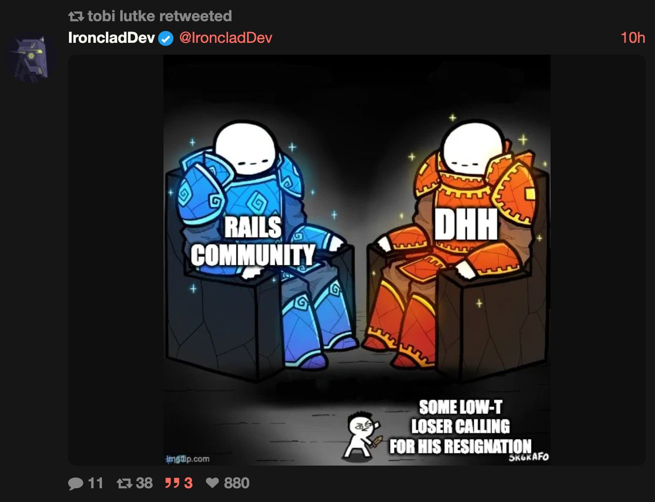 Two large giants looking at a small guy meme. blue giant on the left is labeled Rails Community, orange giant on the right is labeled DHH, and the tiny little guy at the bottom with a tiny sword is labeled Some low-T loser calling for his resignation.