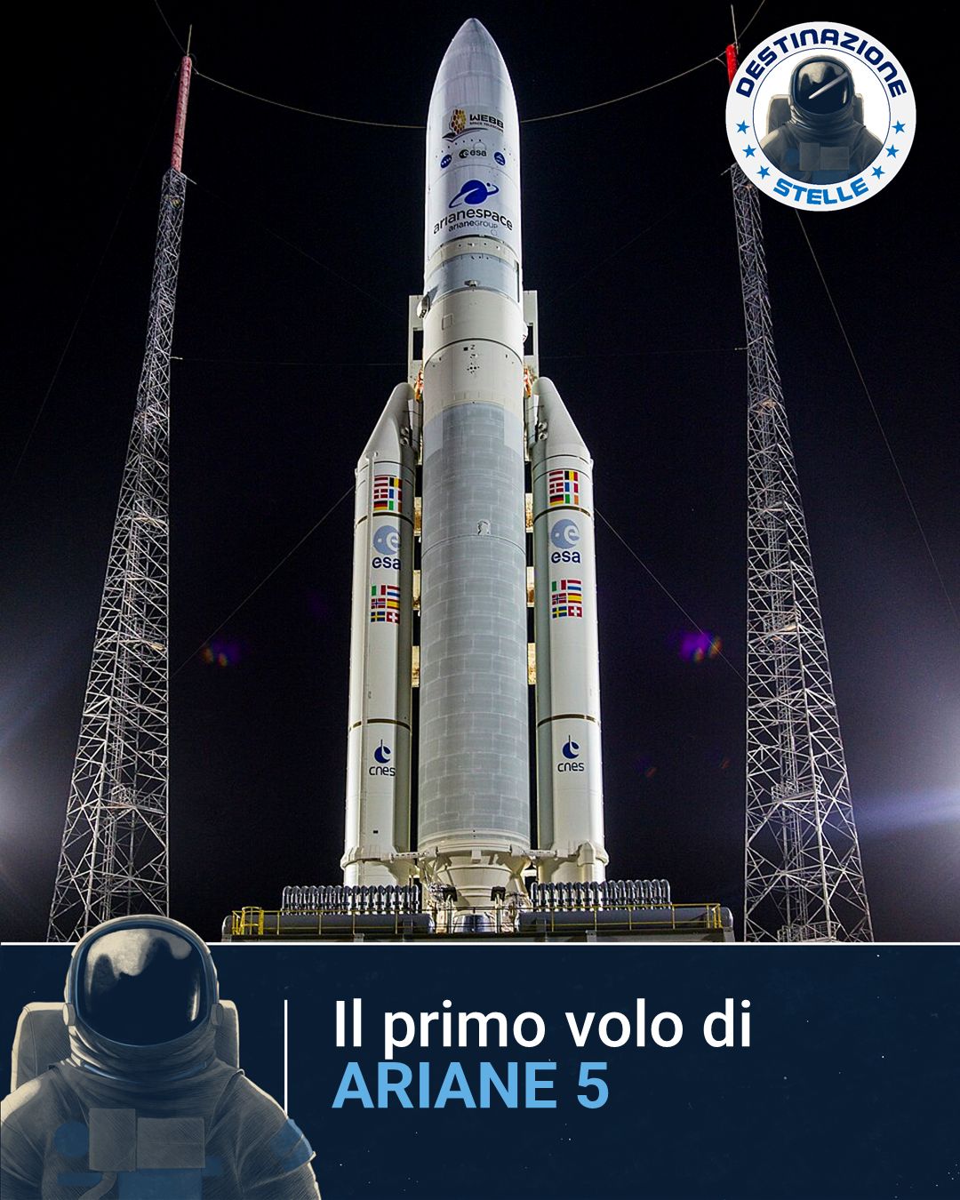 Fotografia di Ariane 5 con la scritta "Il primo volo di Ariane 5"