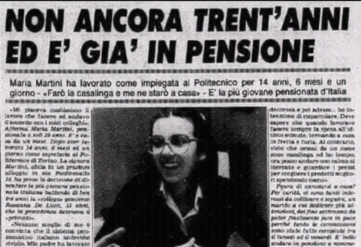 Pagina di giornale d'epoca con la foto della prima baby pensionata
"NON ANCORA TRENT'ANNI ED È GIÀ IN PENSIONE"
