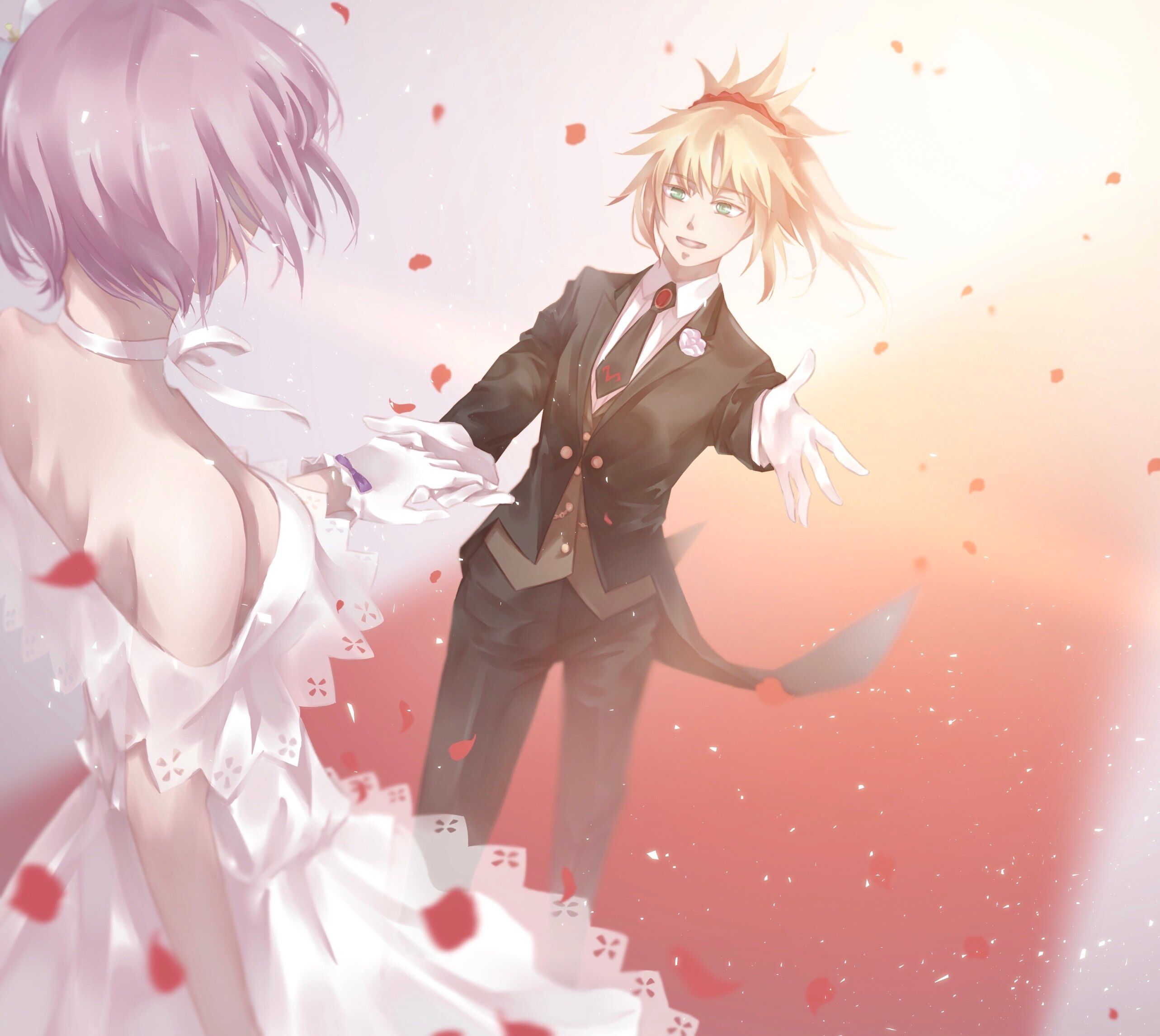 Danbooru tags: 2girls bad_id bad_pixiv_id bare_shoulders black_necktie blonde_hair braid bride collared_shirt commentary_request dress fate/grand_order fate_(series) flower formal_clothes french_braid from_behind gloves green_eyes hair_ornament hair_scrunchie highres holding_hands jacket long_sleeves looking_at_another mash_kyrielight mash_kyrielight_(formal_dress) mordred_(fate) mordred_(formal_dress)_(fate) multiple_girls necktie official_alternate_costume open_mouth petals ponytail purple_hair red_scrunchie scrunchie shirt short_hair smile strapless strapless_dress suit tsushima_touko wedding_dress white_dress white_gloves white_shirt wife_and_wife yuri