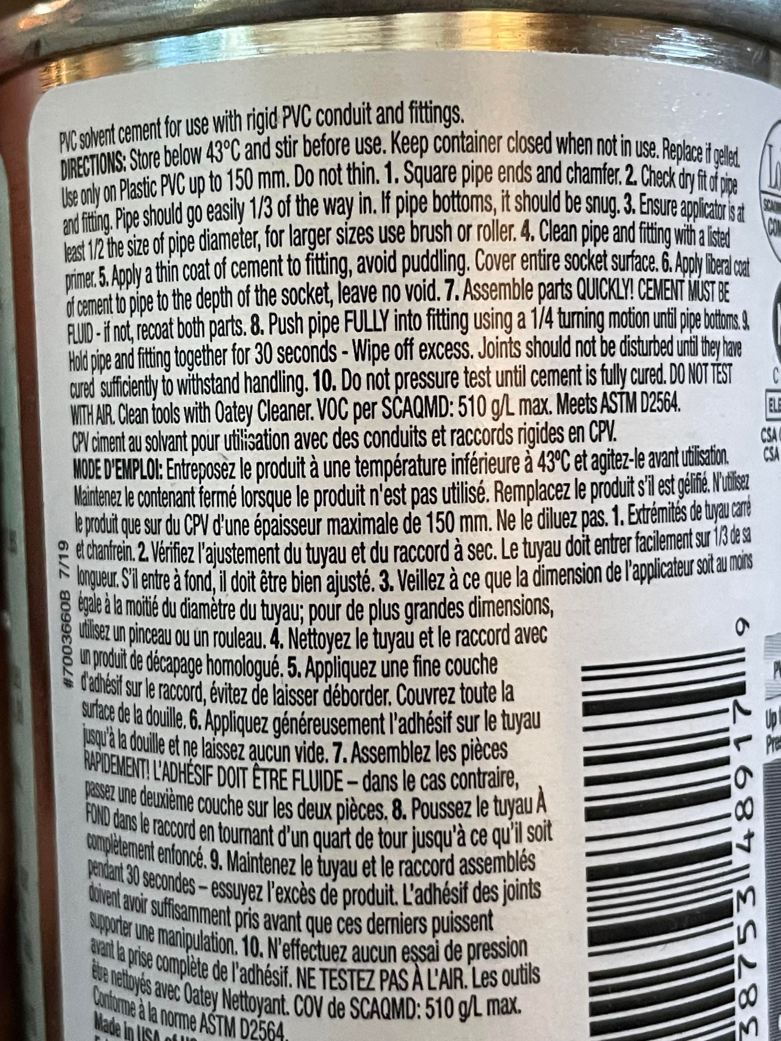 The instructions on the pVC cement bottle