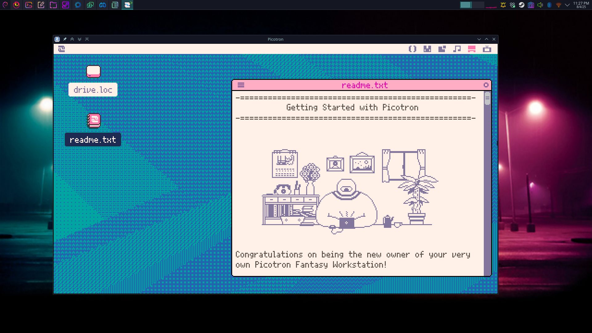 A screenshot of my desktop. My current wallpaper is an empty parking lot at night, illuminated by streetlights, recolored with a rainbow gradient. The icons along the top of the screen are all vivid neon outlines on a dark background. The only visible app is a Picotron window, showing the pixelated workspace of the virtual retro PC. The file readme.txt is open on the Picotron desktop.