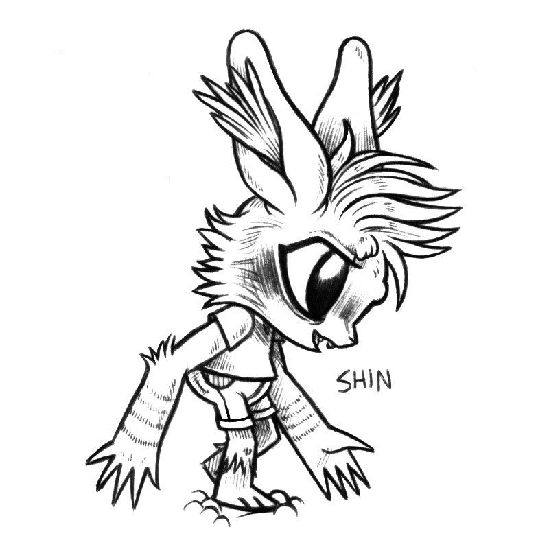 an ink drawing of a humanoid rabbit named Shin, it looks as if they've paused mid-walk. Their arms are long, and their forearms are thick and banded. They have long bangs and ears with a lot of tuft coming out of them.