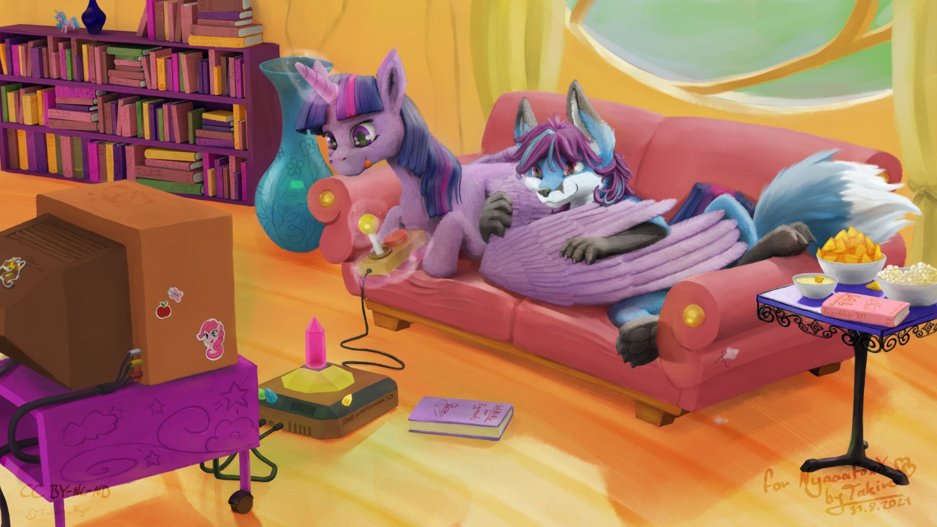 The picture shows a painting of Princess Twilight Sparkle in her home (a big hollow tree). She's a purple Alicorn (an mix of a pegasus and unicorn) pony from the show "My little Pony: Friendship is Magic". She sits on a couch with Nyaaa (a semi feral blue fox with purple hair and pink eyes).

Nyaaa cuddles into Twilights wing and watches her play a video game with a magically locking game console that apparently uses crystals as game cartridges and for other things too.

The controller, basically just a stick and a button, is floating in front of Twilight, held by her magic. Twilight is very focused on the game and her tongue sticks out. 

Next to the couch is a small table with popcorn and tortillas as snacks. Also a book with the title "Friendship 1-0-1 by TW".

Another book is on the ground, next to the console. It's title is "Gaming for Eggheads".

The TV is an old CRT-TV. It has different Stickers on it. One of Pinke Pie (a pink Pony from the same show) one apple and a butterfly. Hidden on the back is a sticker of Radiant Sparks (a yellow unicorn character belonging to the painter) that peels of. There are coffee stains on the top of the TV.

In the background is a full book shelf. On the shelf is a tiny version of Izzy Moonbow with a tennis ball on her horn, a reference to the generation 5 My little Pony movie.