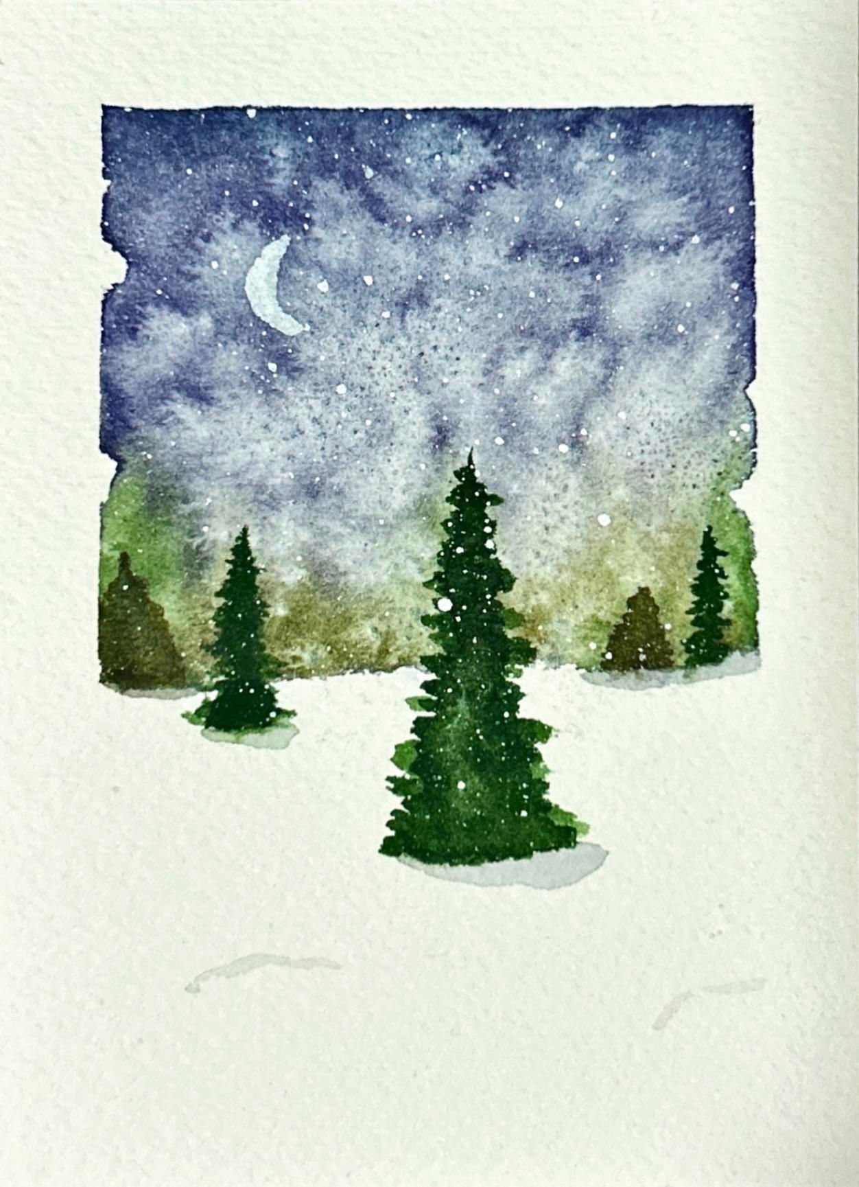 A small watercolor painting of a snowy landscape at night: evergreen trees stand in a white field beneath a deep blue, star-speckled sky, with a pale crescent moon hanging above.