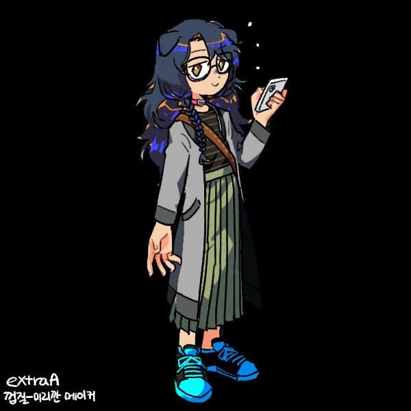 picrew from the same maker. a dog girl with a long green skirt and long gray jacket over a dark striped shirt, holding a phone up in her left hand, with a brown diagonal strap across her chest. her hair is oil slick blue and she is wearing a pink choker with a heart on it. she's also wearing rather conspicuous blue shoes