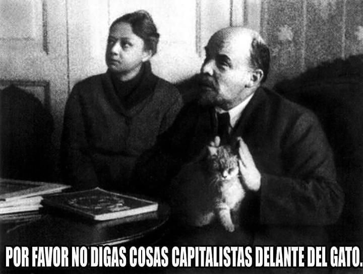A picture of a woman and a man sitting at a table. The man looks like Lenin and is putting his hands on the ears of a cat. Text is in Spanish and reads “Please don’t say capitalist things in front of the cat”.