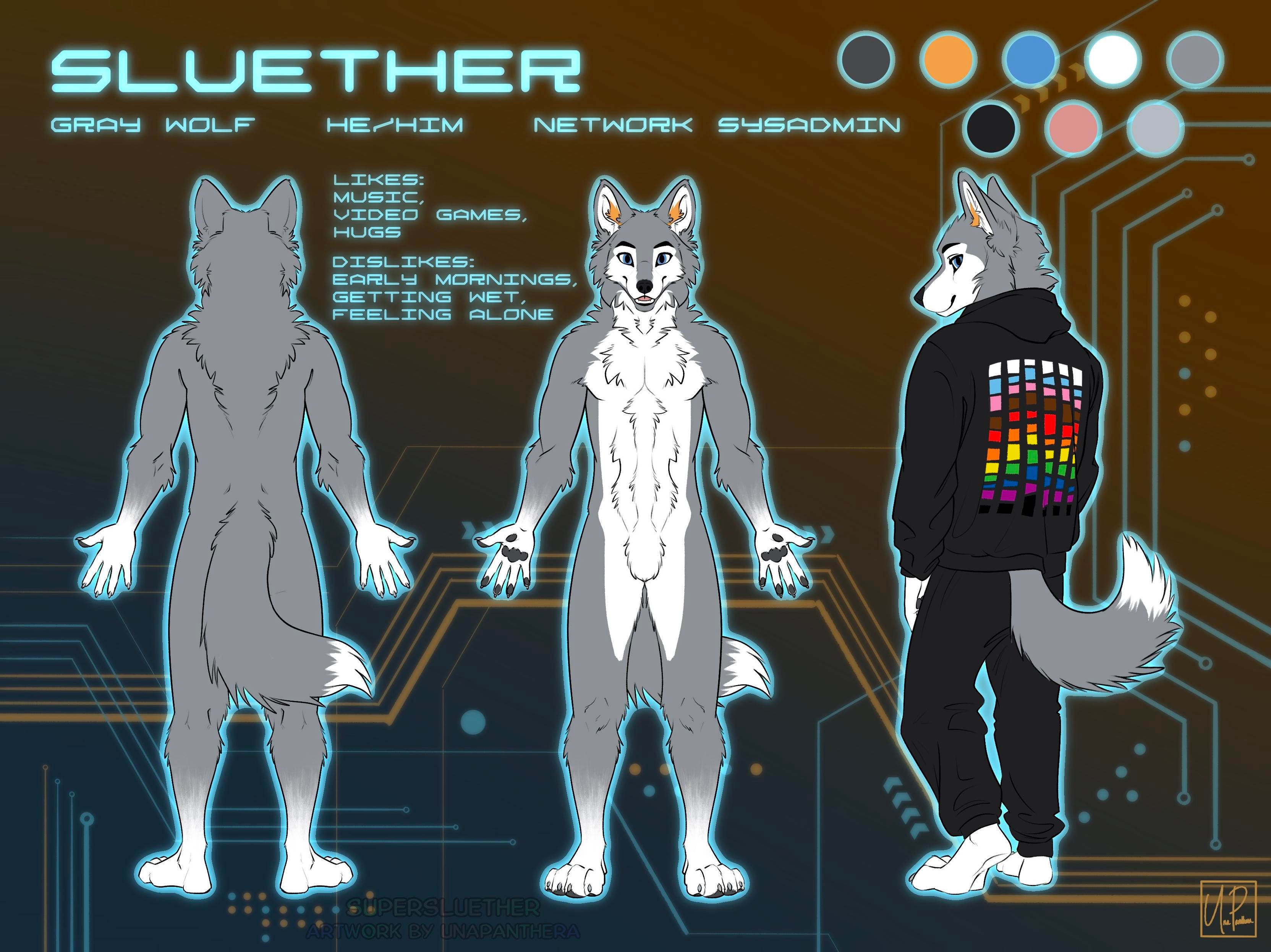 A ref sheet showing a front and back view of a gray wolf with orange ear tufts and light blue eyes. The paws, tip of the tail, chest, and part of the face are white with the rest being gray.

On the right, he's looking over his shoulder while wearing a black hoodie and sweatpants. The back of the hoodie has a mosaic pattern with the colors from the pride flag.