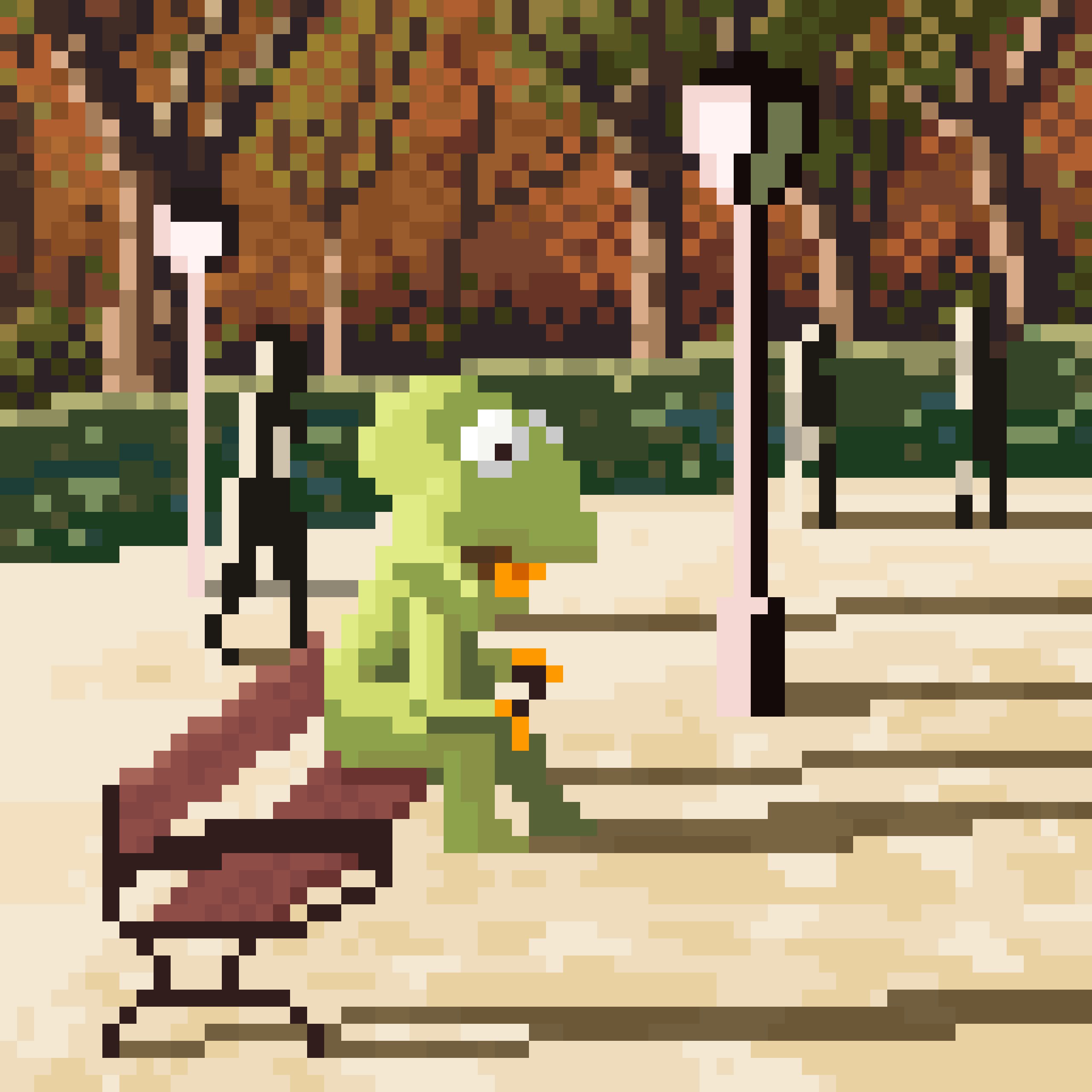 Pixel art based on a real photo taken by a friend in Madrid. A guy in a Kermit the frog costume, possible taking a break from a job, sits on a park bench. He looks sad and tired, which contrasts with his costume.

The pixel style simplifyes the scene, but it's close to the real one, with autumn trees in the background and low sunlight casting shadows over the yellow earthy ground. Anonymous people walk by.