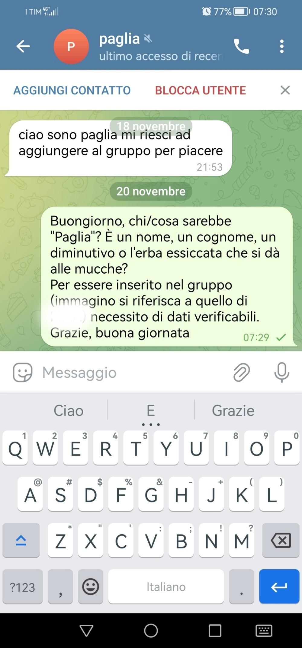 Rapido scambio di messaggi tra un sedicente Paglia e la qui presente