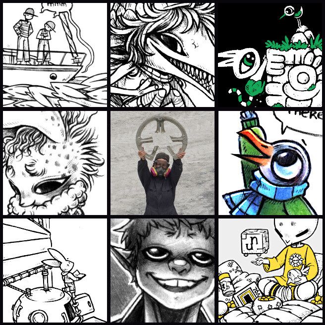 a collection of 9 squares, with a photo of the artist in the center(in full work gear holding a piece of metal), and the rest is full of pencil, ink and coloring pencil artwork done by said author.