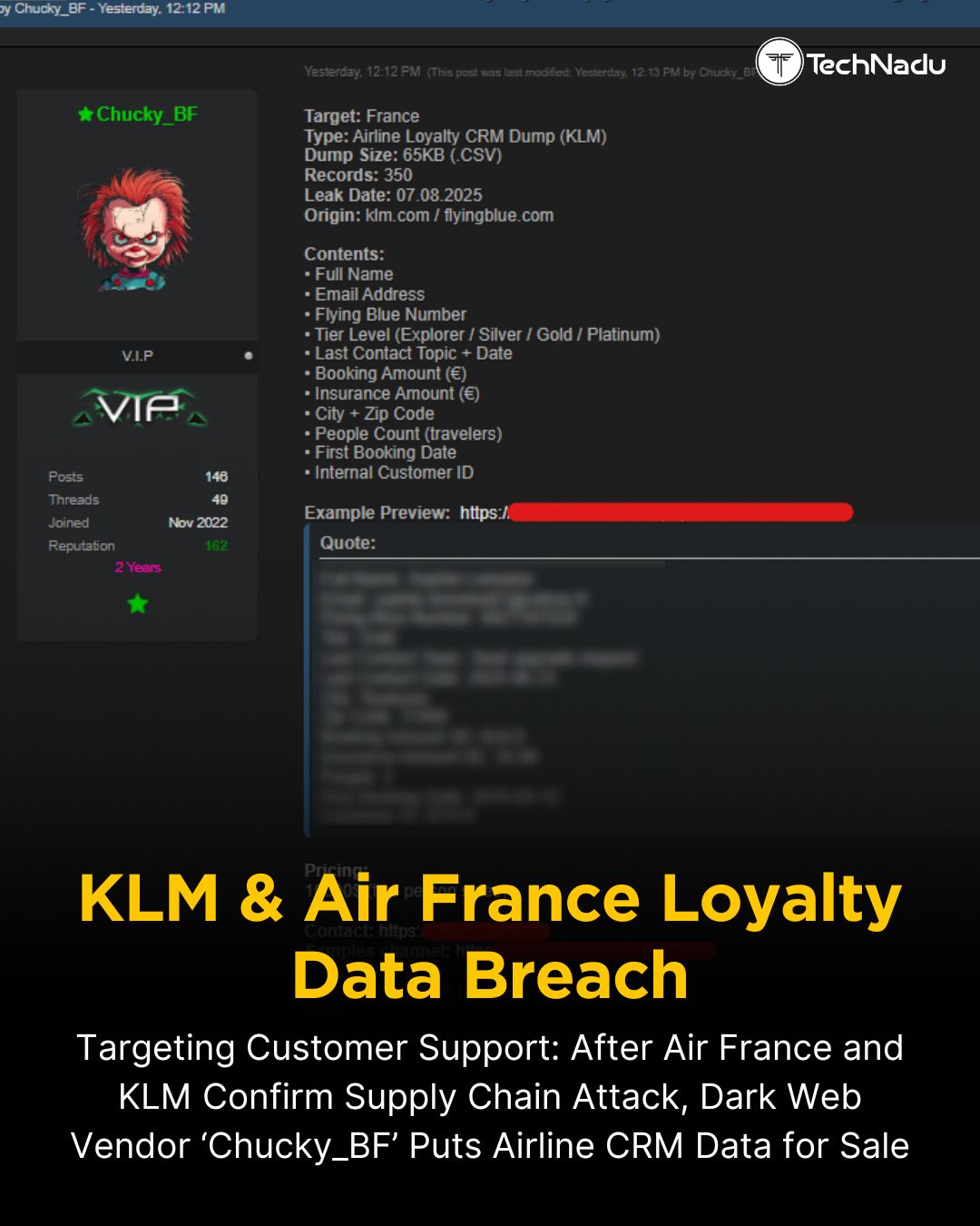 Targeting Customer Support: After Air France and KLM Confirm Supply Chain Attack, Dark Web Vendor ‘Chucky_BF’ Puts Airline CRM Data for Sale
