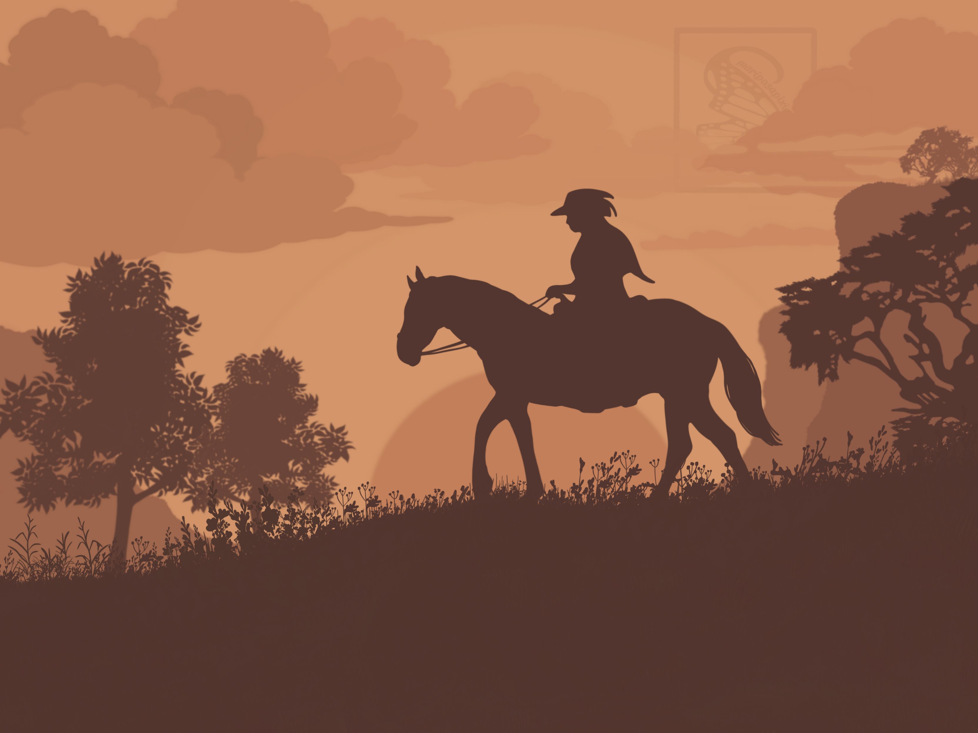 Sepia-toned painting by me using Procreate.
Silhouette of a horseback rider trotting down a grassy hill. Leafy trees on both sides in front of desert cliffs in the distance. A large sun is setting on the horizon with puffy clouds above.
