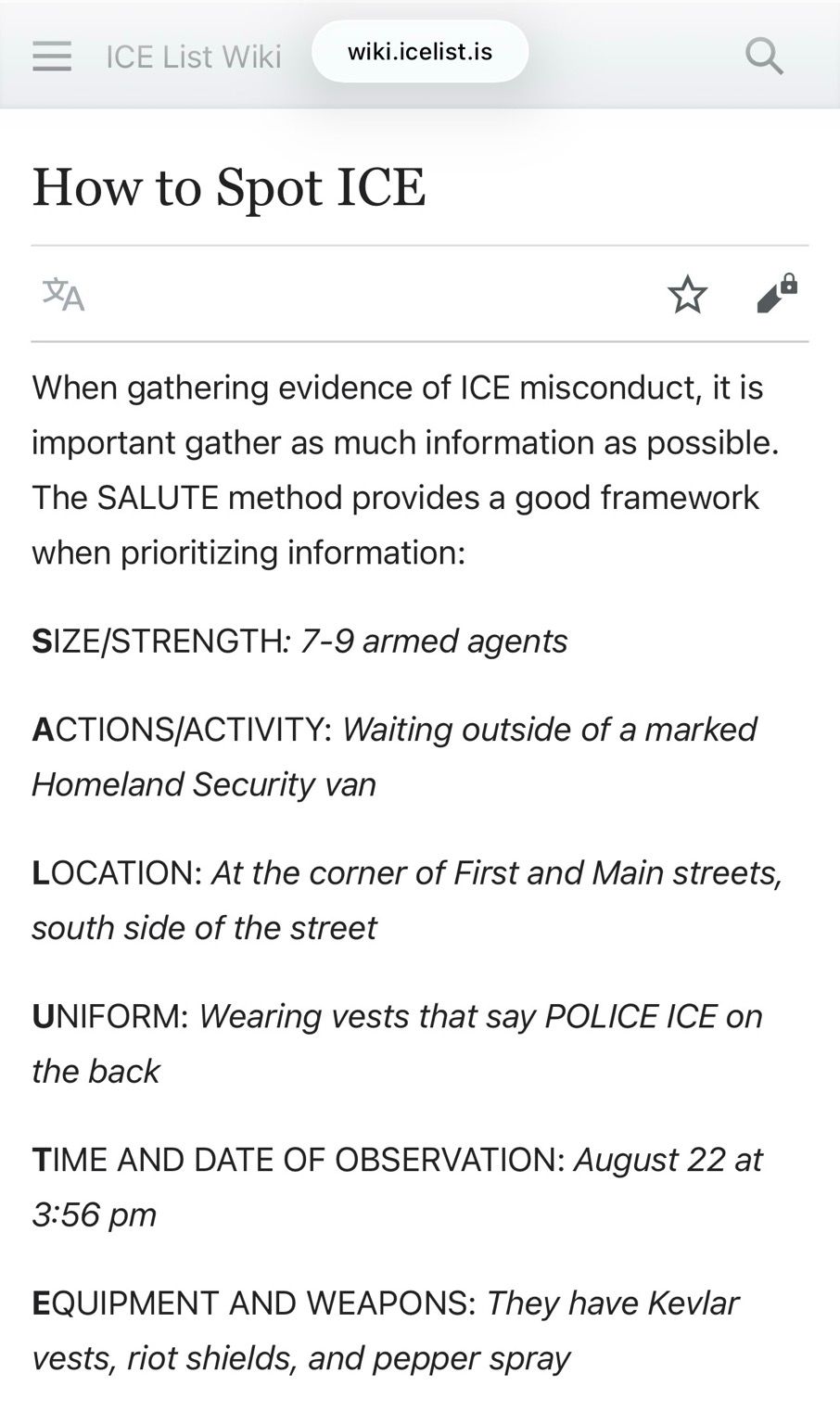 Screenshot from the website known as the “ICE List.” Regarding tips for video recording ICE agents.