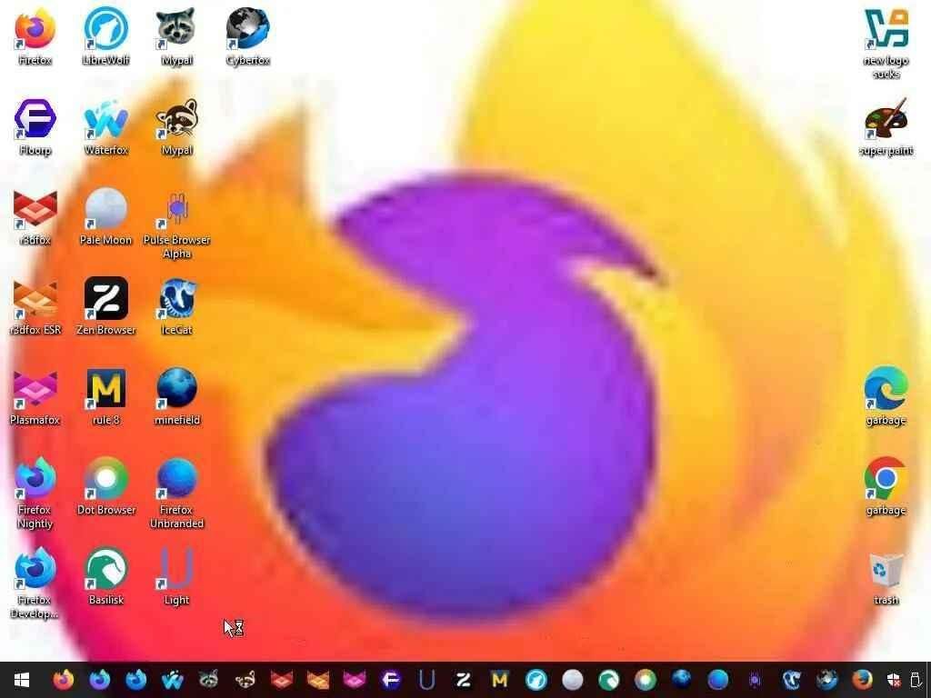 screenshot of a windows 10 desktop. on the left side of the desktop is a bunch of variations and forks of firefox installed, on the right is chrome and edge being renamed to "garbage" on top of the recycle bin. the taskbar is alao full of shortcuts to the same browsers, and the wallpaper is a heavily compressed image of the firefox icon.
