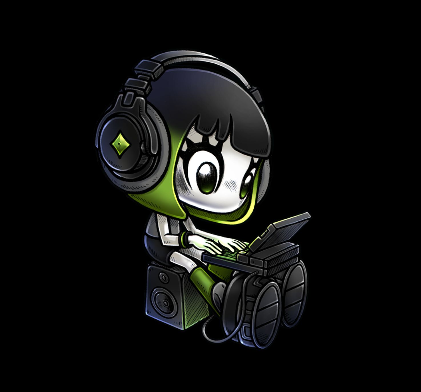 pencil and digital drawing of my avatar wearing headphones, sitting on a speaker and typing on a vintage laptop in shades of grey and green drawn in Rek's great style