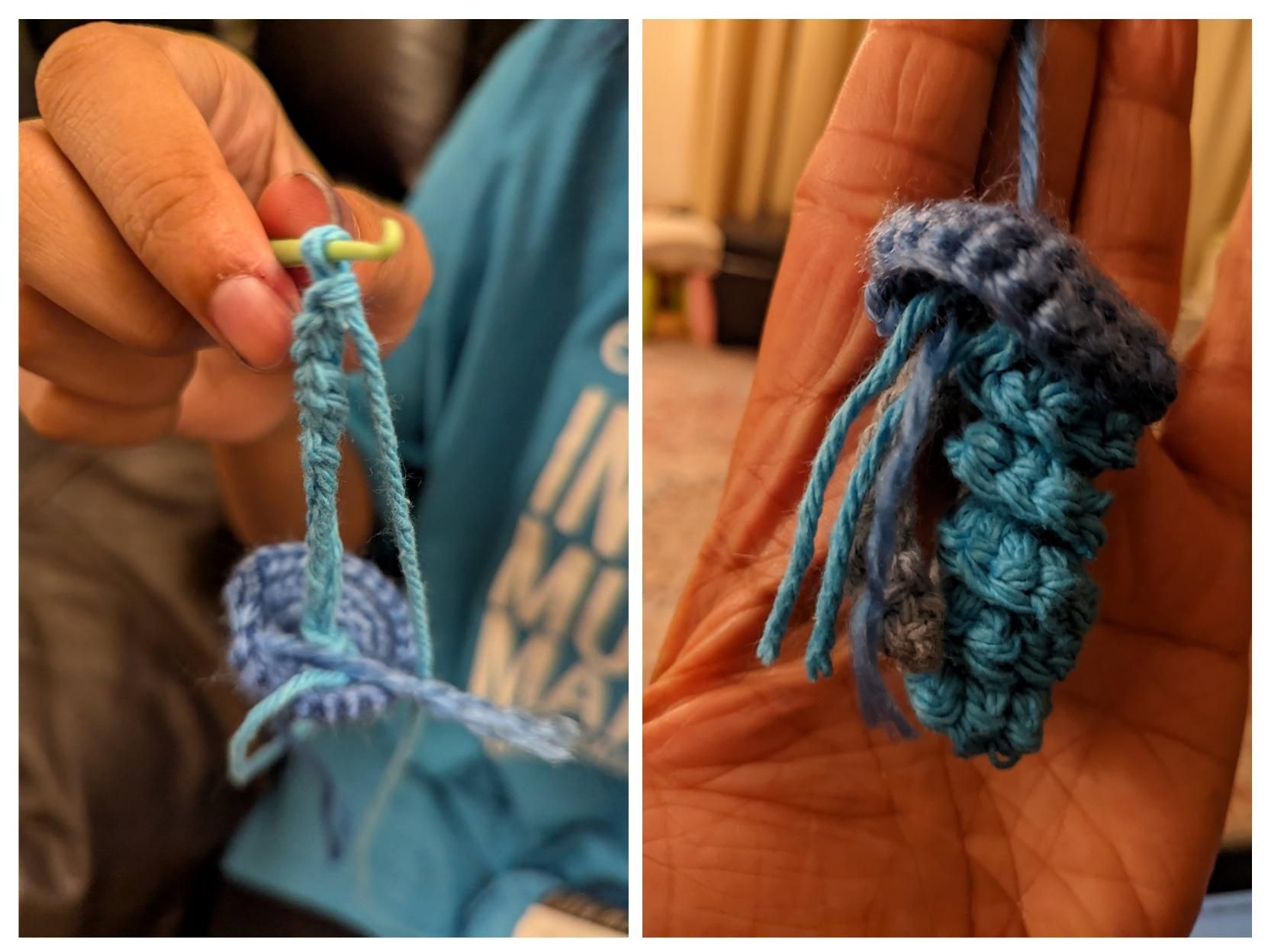 2 pics - crochet hook and blue yarn in a hand and a purple + blue jellyfish in the palm of my hand