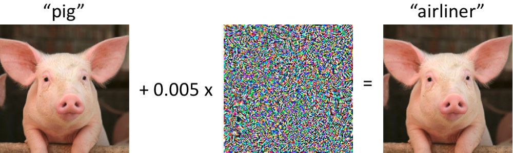 "On the left, we have an image of a pig that is correctly classified as such by a state-of-the-art convolutional neural network. After perturbing the image slightly (every pixel is in the range [0, 1] and changed by at most 0.005), the network now returns class “airliner” with high confidence."