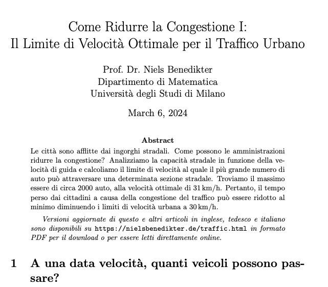 Come Ridurre la Congestione: Il Limite di Velocità Ottimale per il Traffico Urbano [Prof. Dr. Niels Benedikter, Dipartimento di Matematica, Università degli Studi, Milano] 
