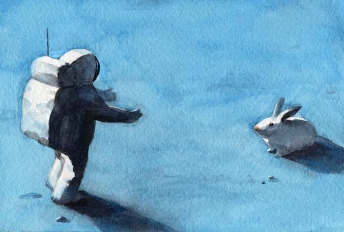 A dreamy painting depicts an astronaut meeting a white rabbit on a blue-hued surface, likely meant to represent the moon. 