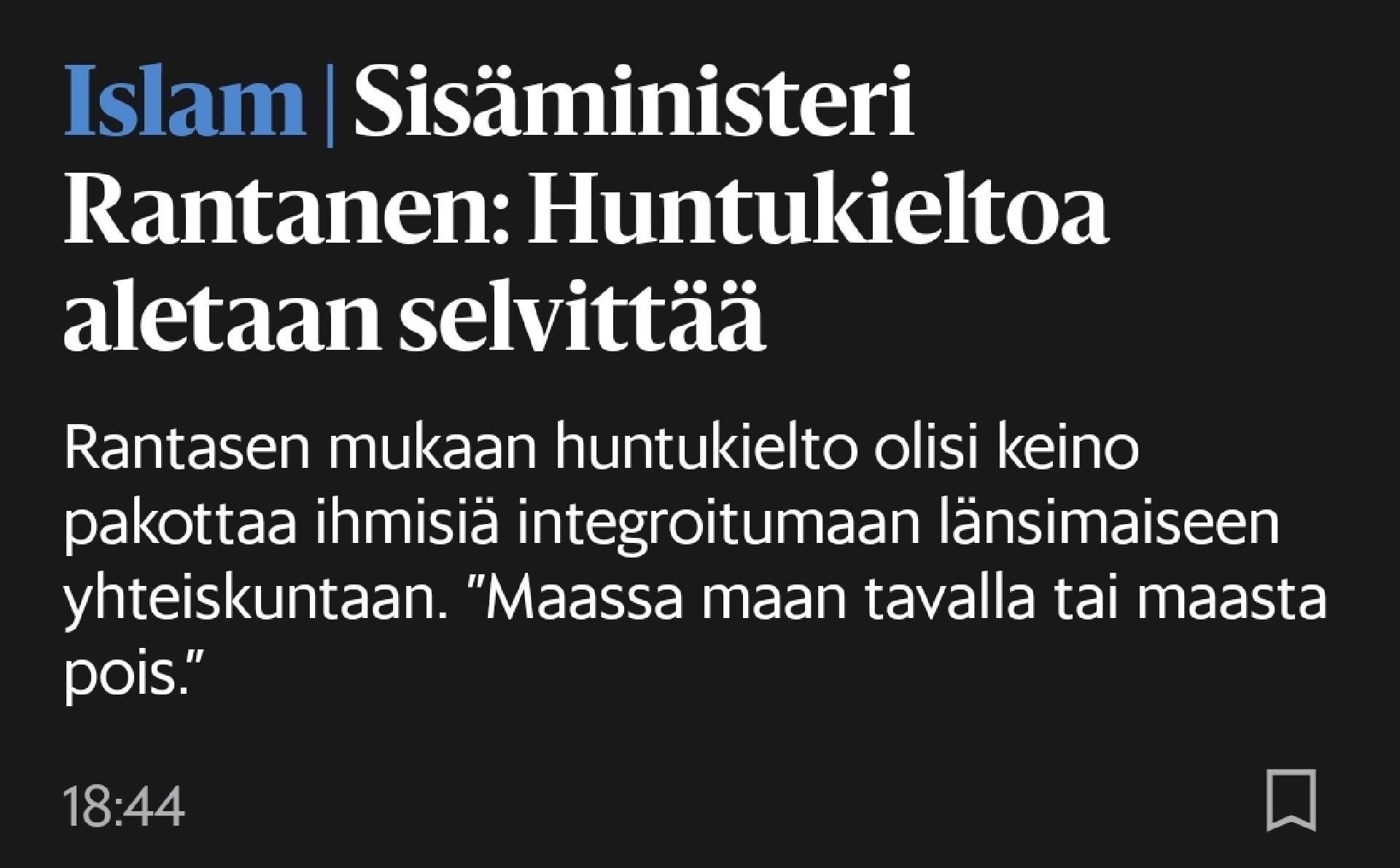 Sisäministeri Rantanen: Huntukieltoa aletaan selvittää. 