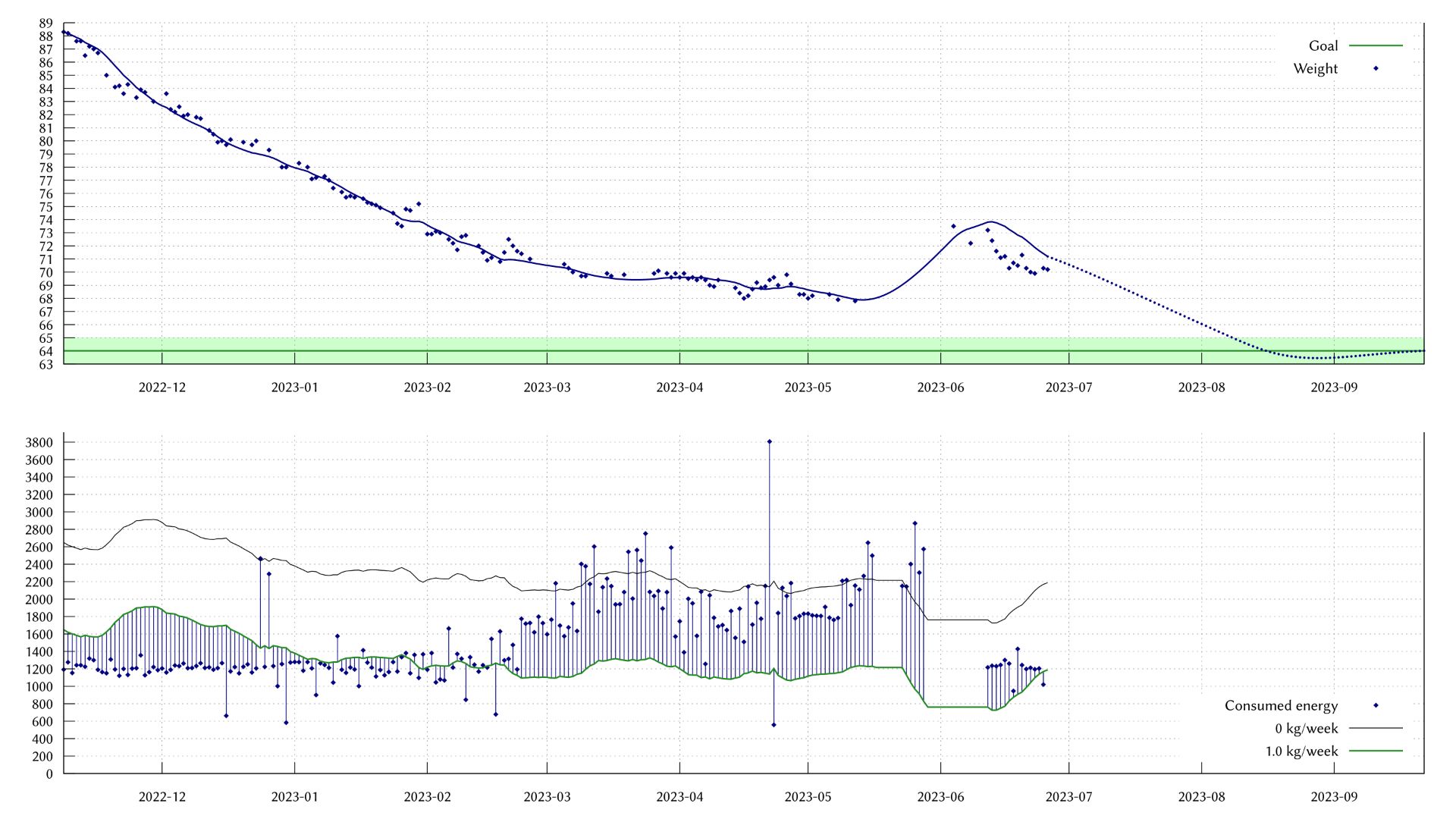 Graph: My weight dropped to about 70 kg. I ate 1200 kcal per day pretty consistently.