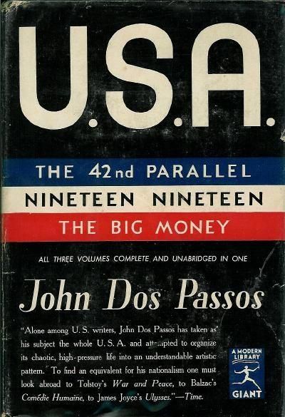 First complete edition (1937) of the U.S.A. trilogy is a series of three novels by American writer John Dos Passos.

The cover features a bold, modernist design with strong horizontal color blocking that evokes the American flag. The layout is striking and graphic, reflecting the ambitious scope of this major American literary work.

At the top, "U.S.A." appears in large, cream-colored sans-serif letters against a black background, with periods between each letter emphasizing the acronym nature of the title.

https://en.wikipedia.org/wiki/U.S.A._(trilogy)#/media/File:Dos_Passos_USA.jpg