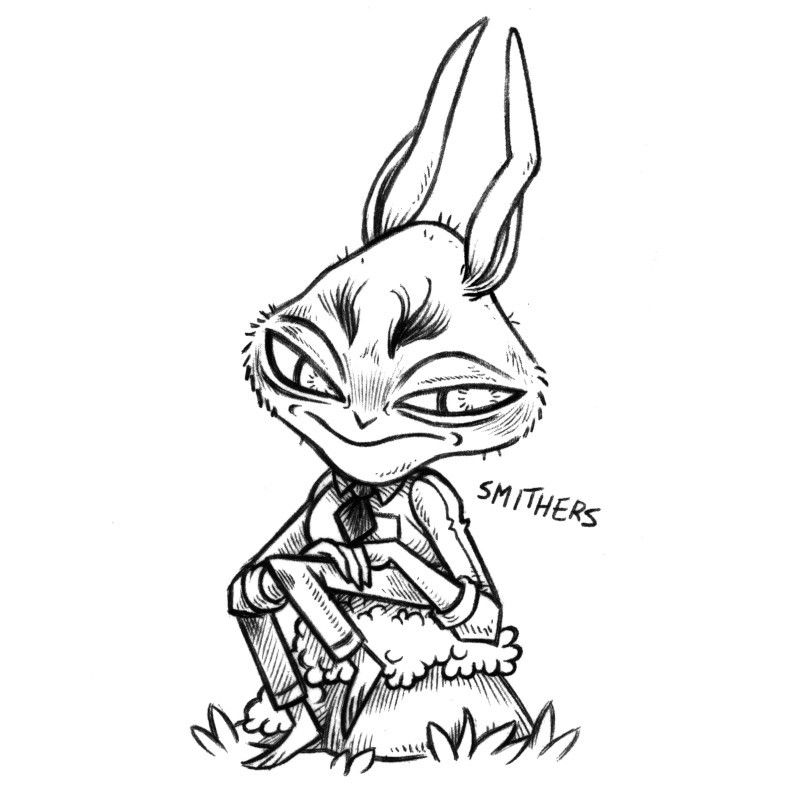 An ink drawing of a humanoid rabbit named Smithers, sitting on a mossy rock and posing while look very serious, somewhat distinguished. Their head is shaped like a rounded lozenge and they are wearing dress clothes.
