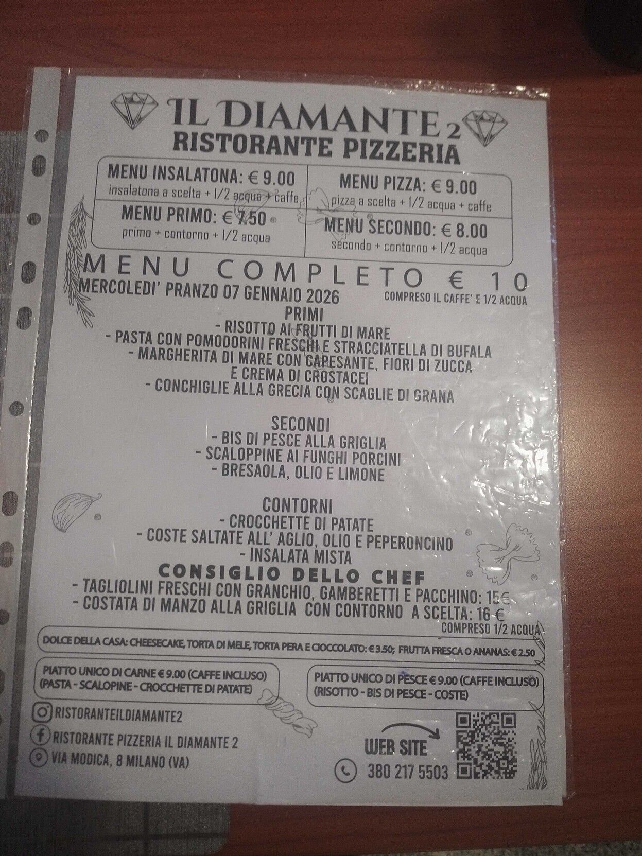 menù del giorno 10€