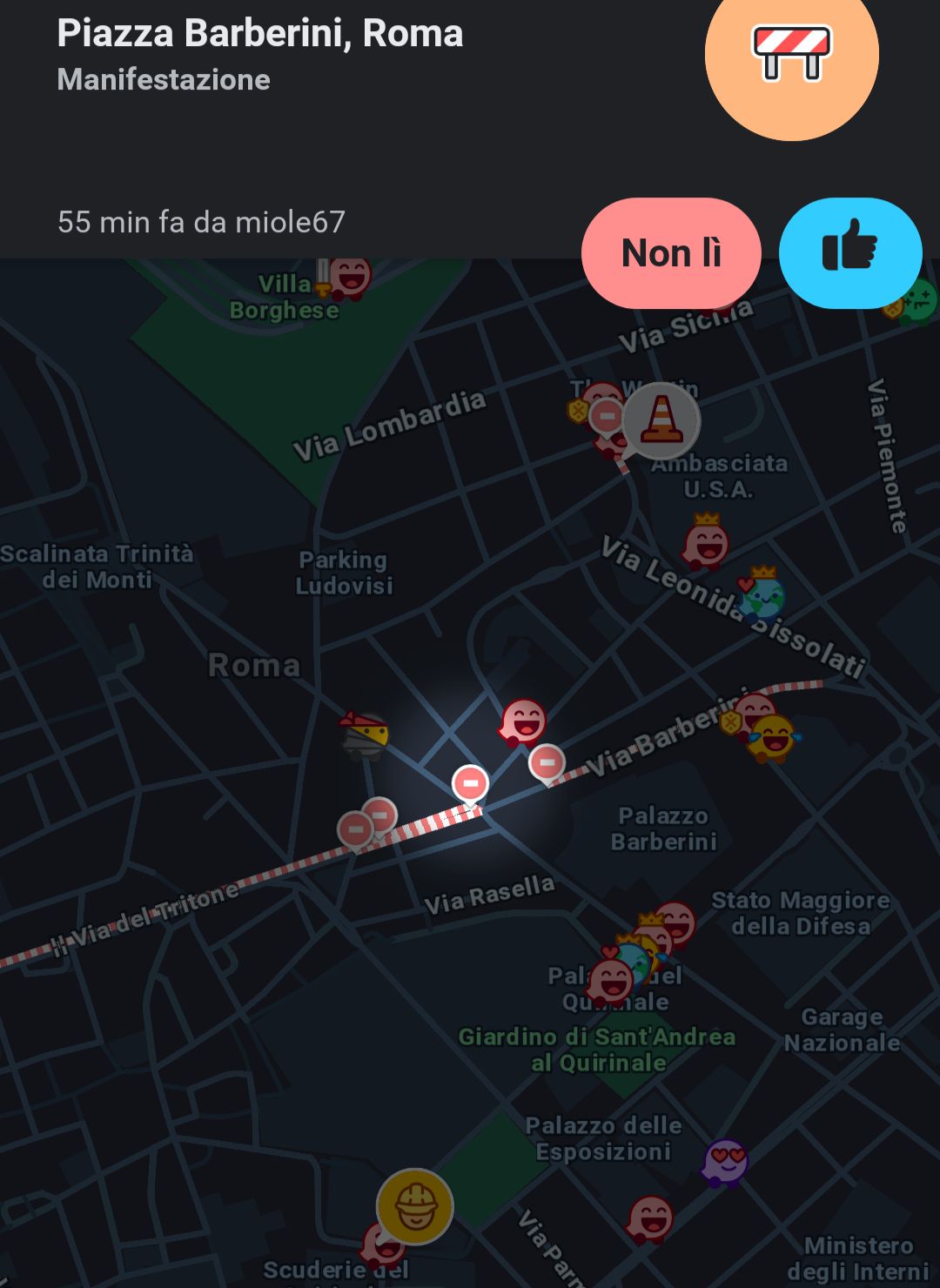 Una visualizzazione della mappa del traffico, con le vie adiacenti a piazza Barberini chiuse al traffico