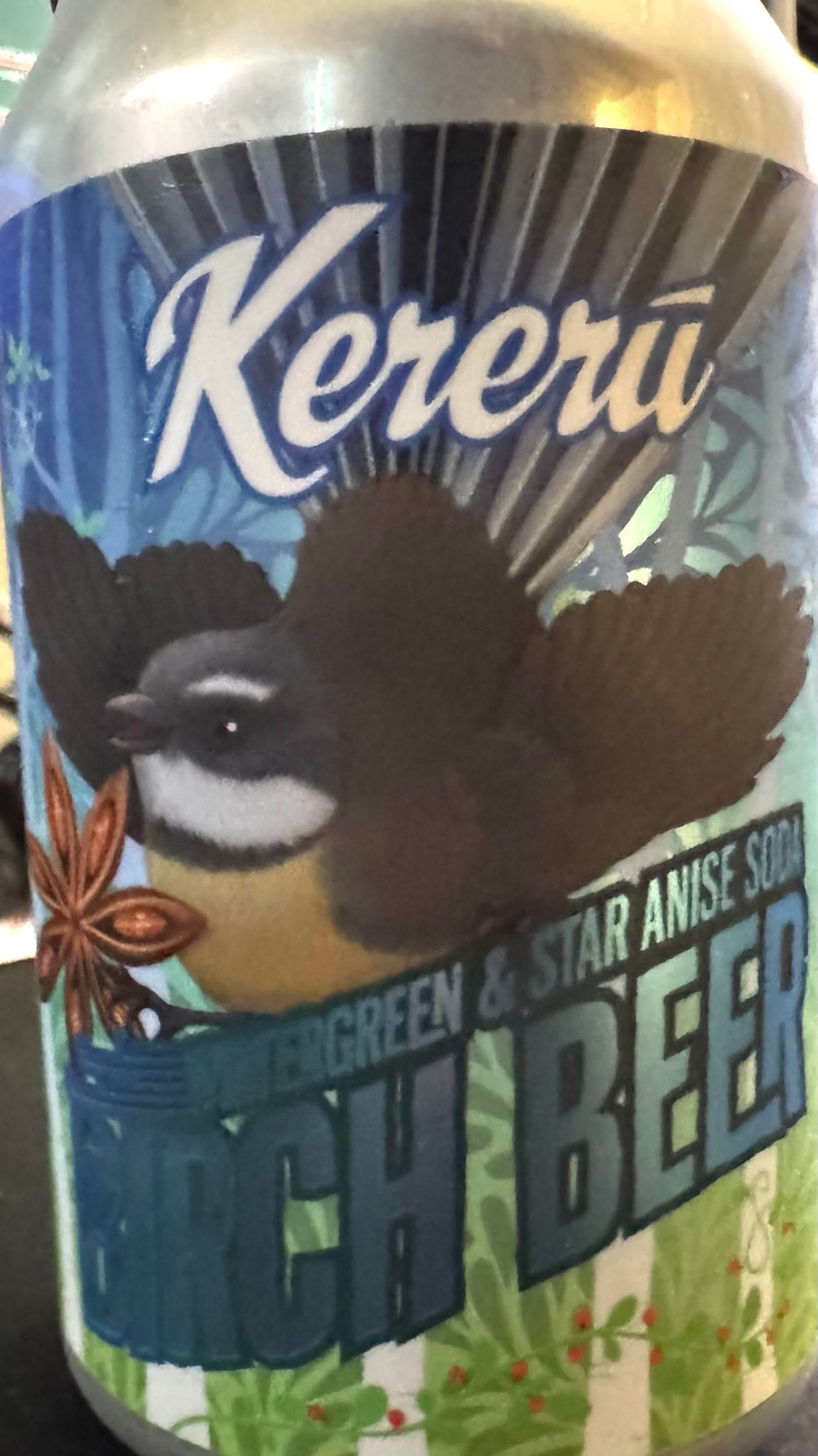 A tin of a non-alcoholic beverage named “wintergreen and star anise soda Birch Beer”, featuring an extremely cute fantail bird from New Zealand which is hiding a star anise. 