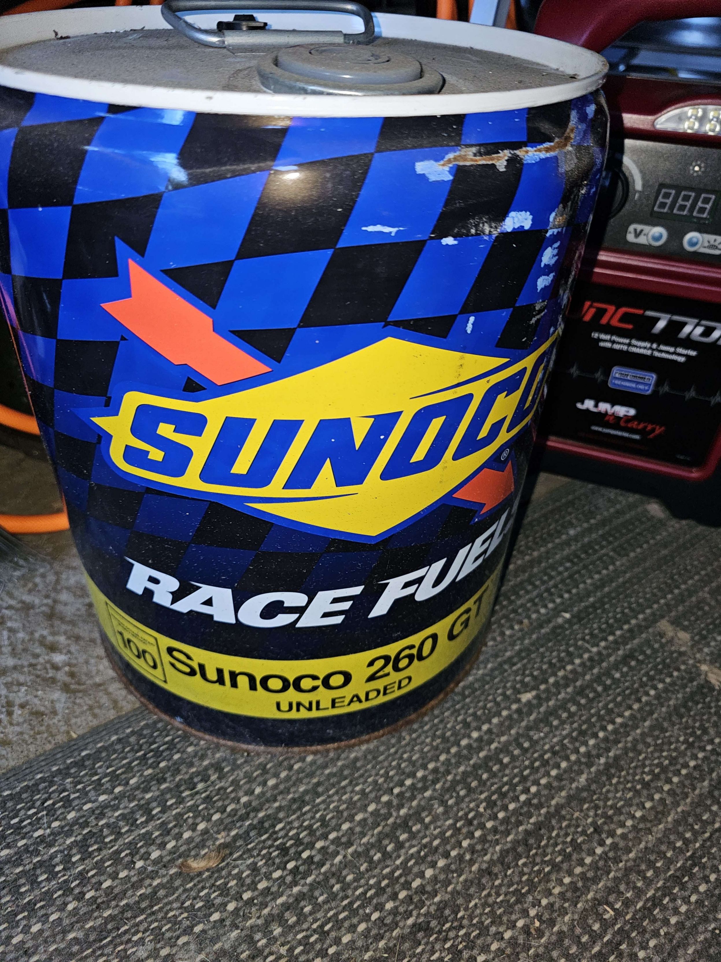 A picture of a 5 gallon pail of Sunoco Race Fuels brand Sunoco 260GT 100 octane unleaded, ethanol-free race gasoline