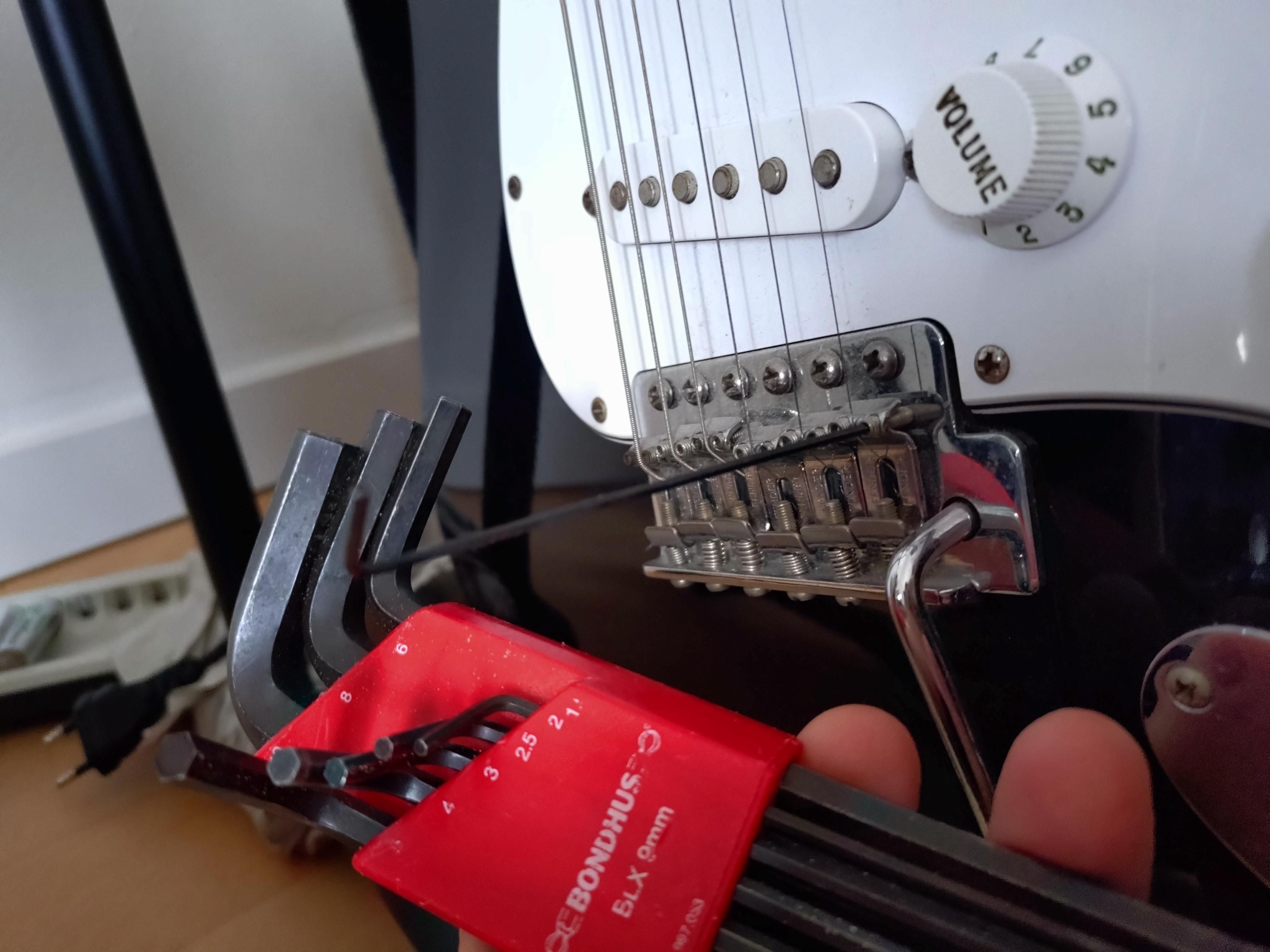 My 2008 Fender Stratocaster Made in Mexico bridge, with a 1 mm hex key in the saddle height screws 