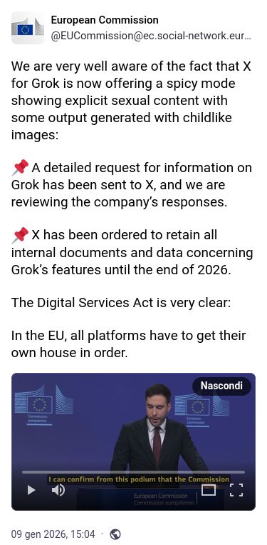 Il toot della Commissione europea in cui dicono che sono a conoscenza di questa funzione e che chiedono spiegazioni a X