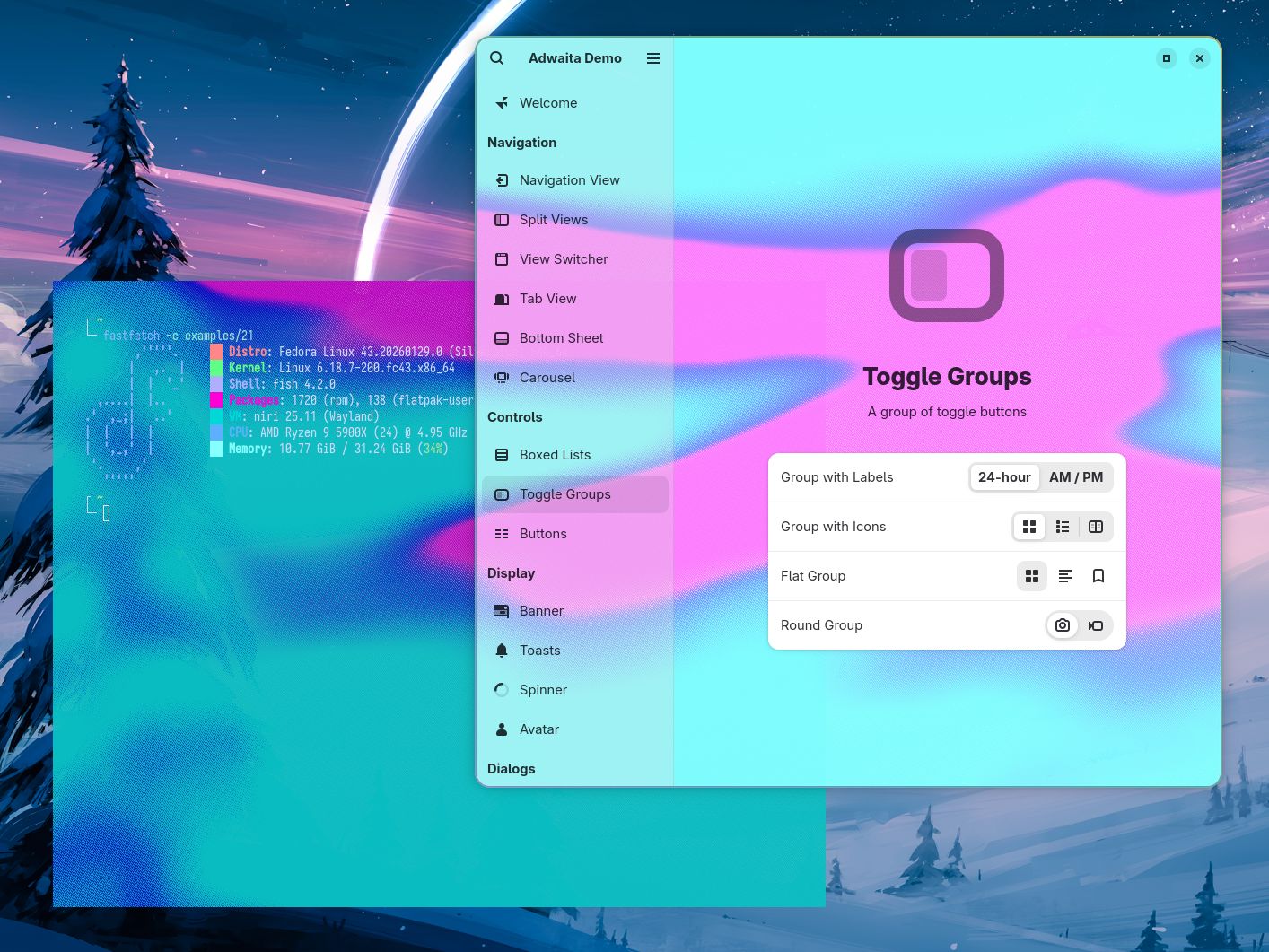 Terminal and adwaita demo with oversaturated background colors