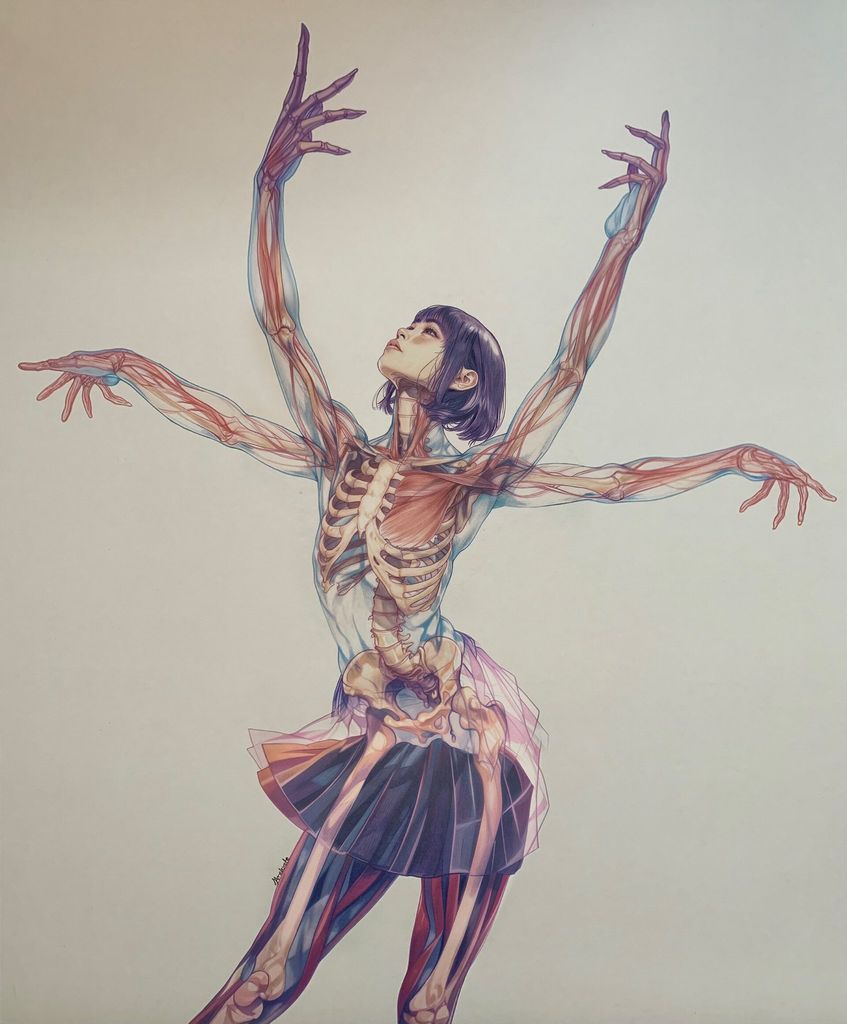 An anatomical illustration of a figure with short dark hair. The image shows the skeletal system and musculature layered over a translucent body. The figure has four arms extended in a dance-like pose and wears a dark skirt.