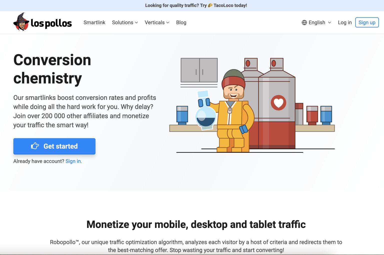 An archive.org snapshot of the LosPollos push monetization affiliate network. The LosPollos ad network incorporates many elements and references from the hit series “Breaking Bad,” mirroring the fictional “Los Pollos Hermanos” restaurant chain that served as a money laundering operation for a violent methamphetamine cartel. The LosPollos advertising website invokes characters and themes from the hit show Breaking Bad. In the center is a lego version of the meth cook and main co-star Jesse, standing in front of a what appears to be a meth lab. The logo for LosPollos (upper left) is the image of Gustavo Fring, the fictional chicken restaurant chain owner in the show.
